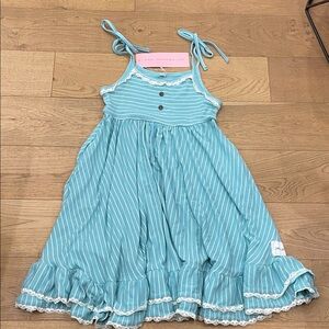 NWT Jane & Jo Aqua Striped Kids Dress with Lace Accents